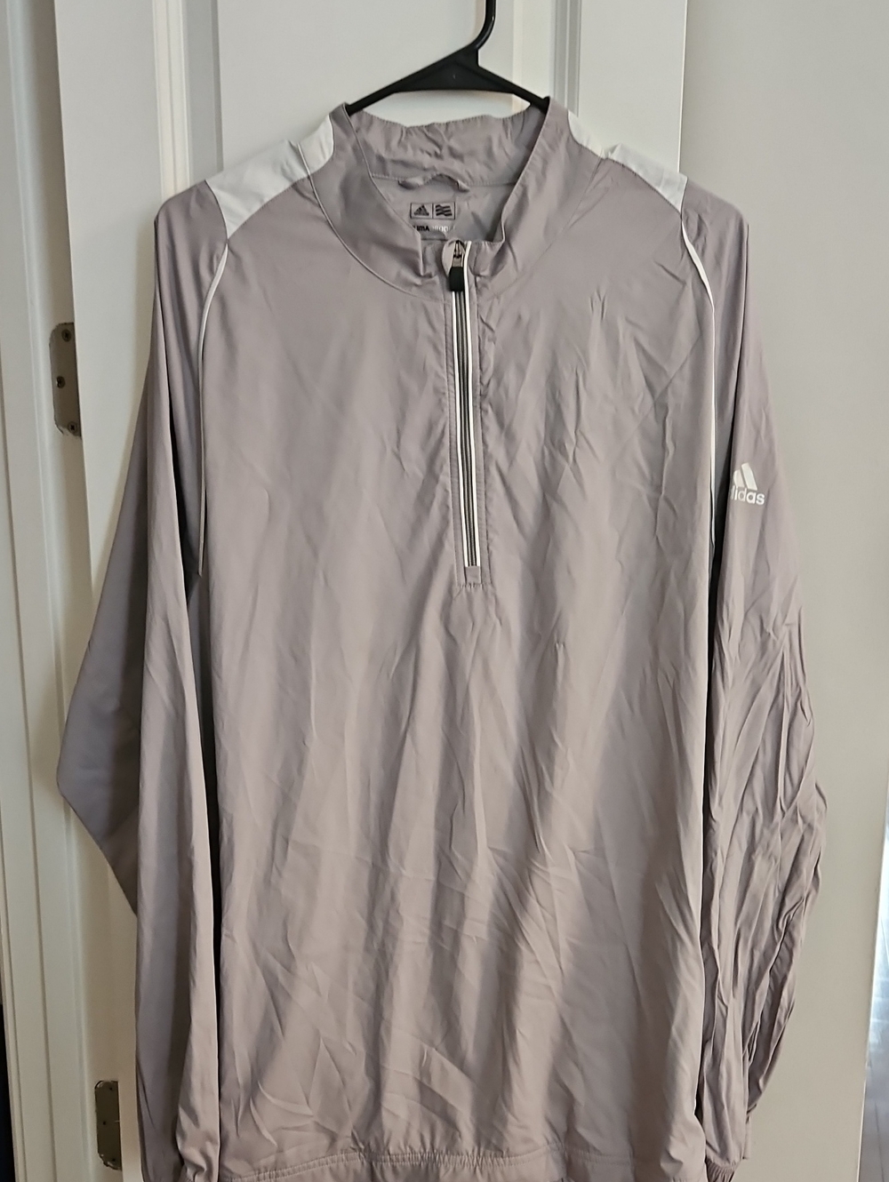 adidas Men’s Light Gray Half-Zip Windbreaker with White Shoulder Accents
